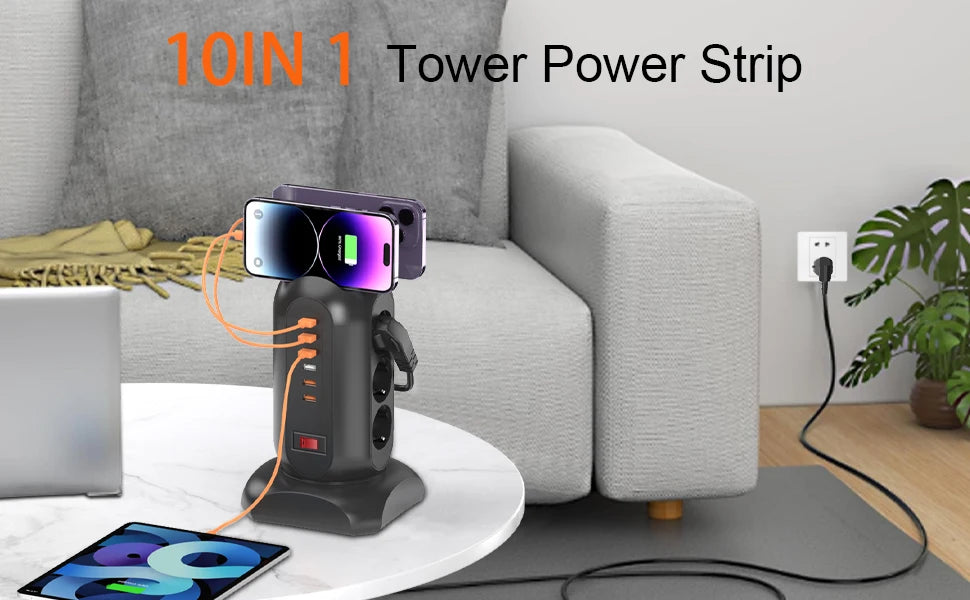9 way Multiple Socket Power Strip with 6 USB Vertical EU Outlets Tower Socket with 1.8M Extension Cord Surge Protection for home