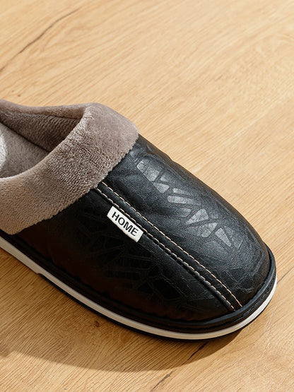 Men's PU Leather Slippers Indoor Waterproof Fur Flat Winter Home Shoes