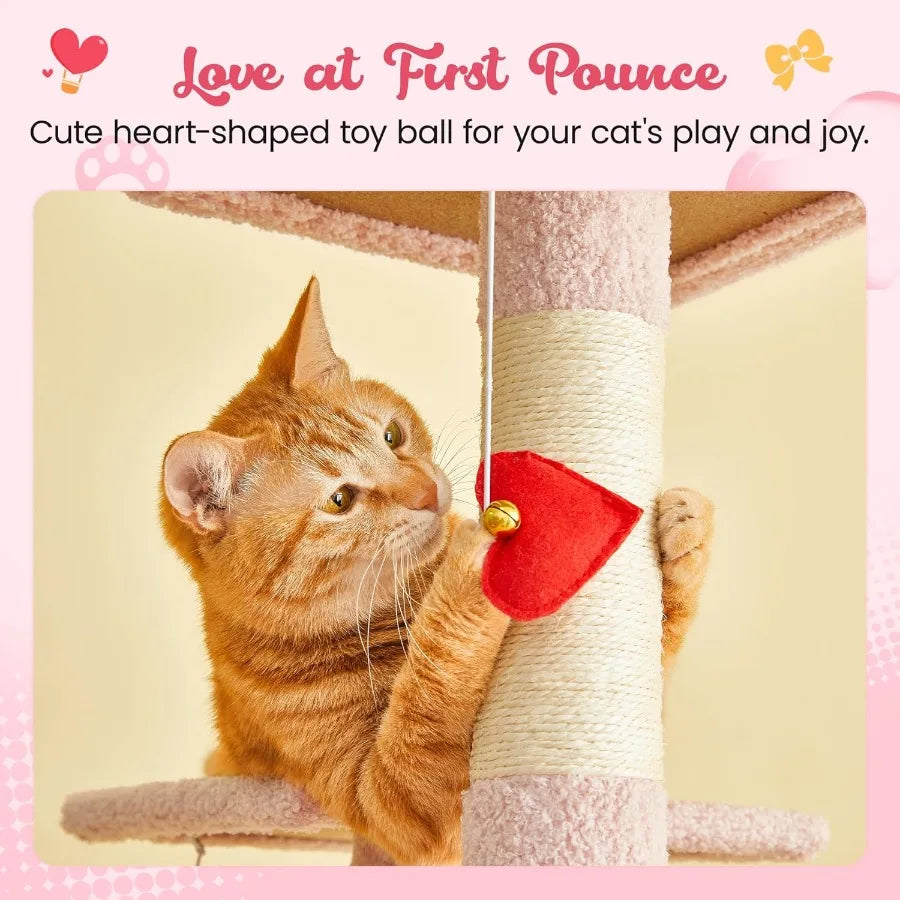 Cute Cat Tree 63.8-Inch Pink Cat Tower for Indoor Cats Multi-Level Cat Condo with 5 Scratching Posts 2 Perches Hammock Dangling