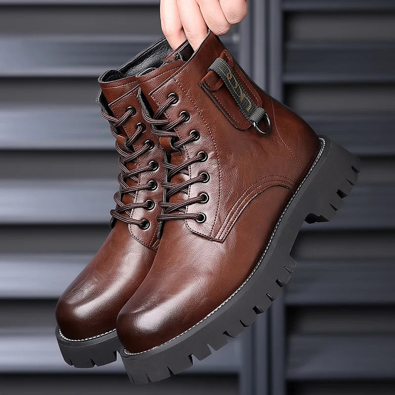 Mens Genuine Leather Motorcycle Boots Mid Calf With Thick Sole