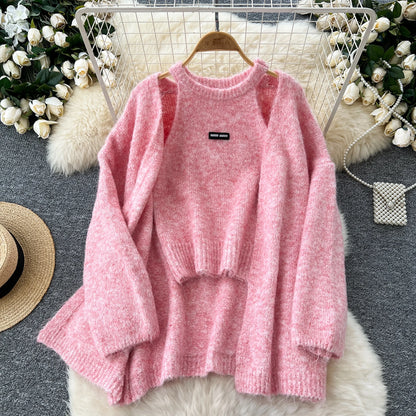 Womens Knit Cardigan Long Sleeves And Sleeveless Tank Top Set Polyester