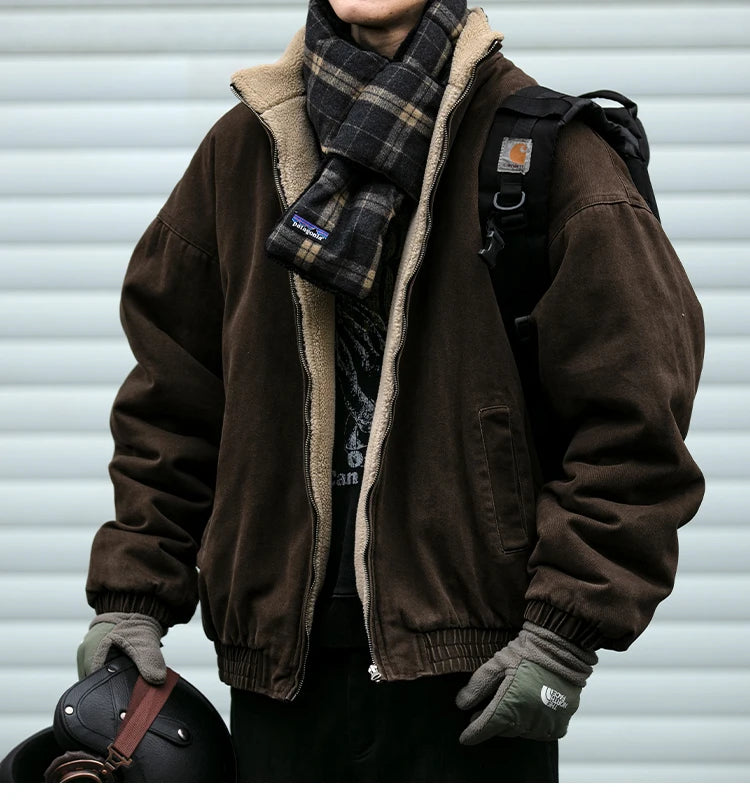 Japanese Vintage Polar Fleece Jacket Men Winter High Quality Thick Jacket Korean Streetwear Loose Couple Trendy Warm Coat Male