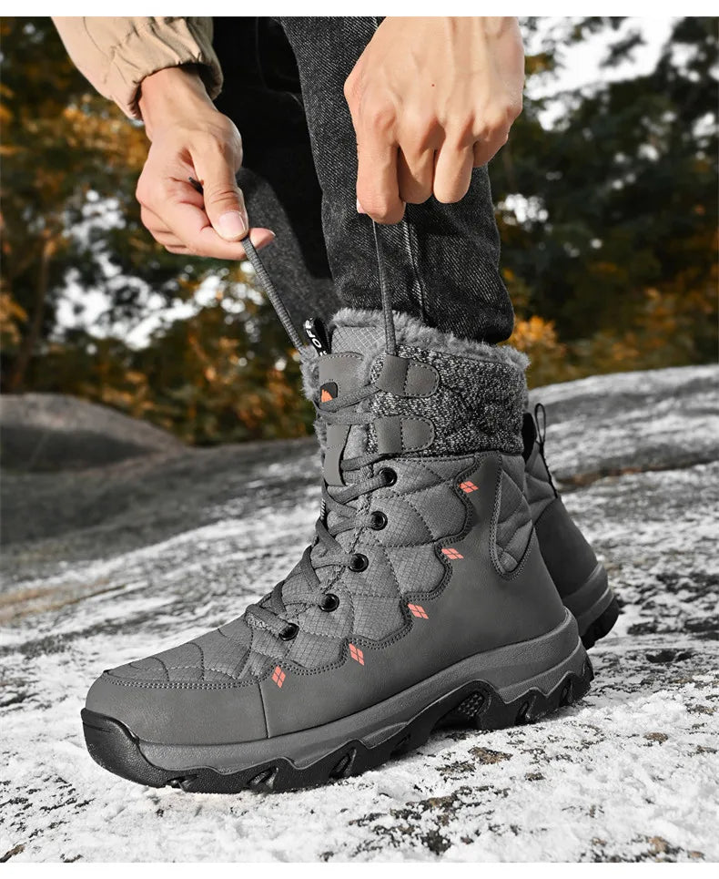Men's Winter Snow Boots Leather Waterproof Mid-Calf Plush Lining Lace-Up