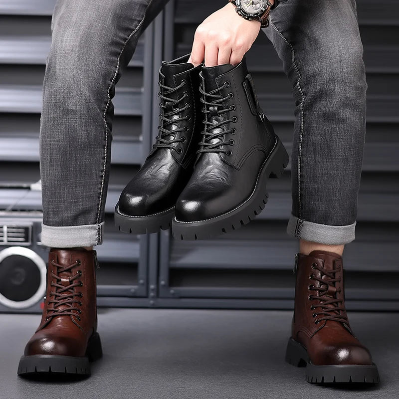 Mens Genuine Leather Motorcycle Boots Mid Calf With Thick Sole