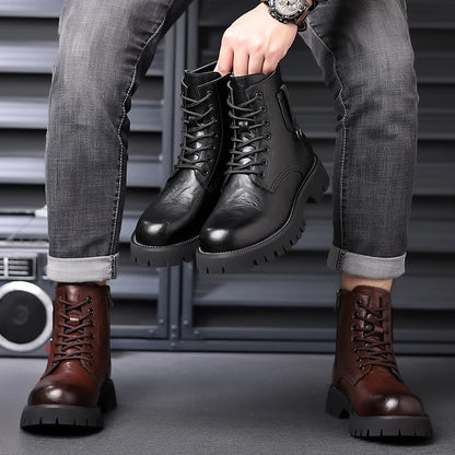 Mens Genuine Leather Motorcycle Boots Mid Calf With Thick Sole