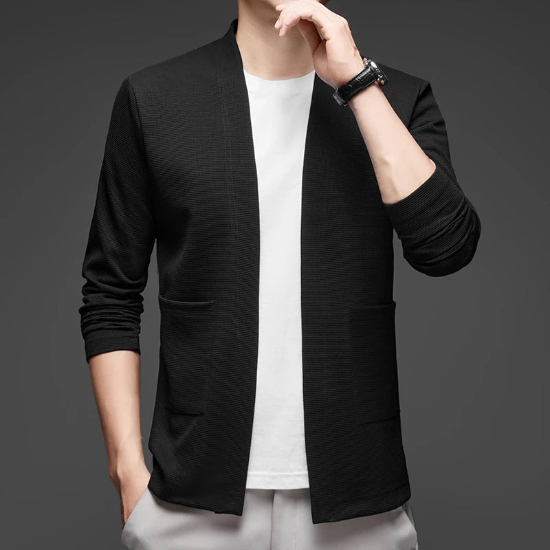New Men's Business Casual Long Sleeved Solid Color Cloak Jacket Knitted Comfortable and Fashionable All Season Versatile Top