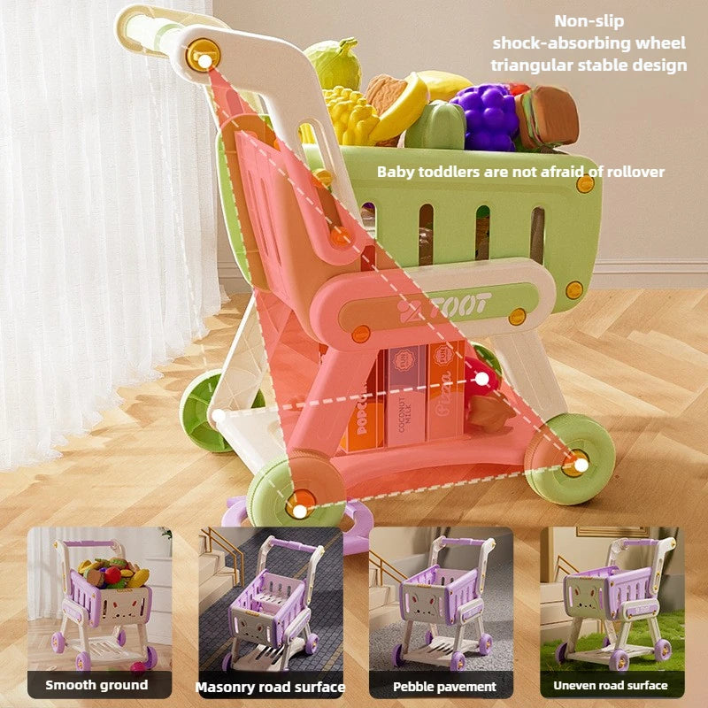 32pcs Shopping Cart Toy Set Kids Large Supermarket Trolley Role Playing Pretend Play Props Simulation Fruit Food Boys Girls Gift