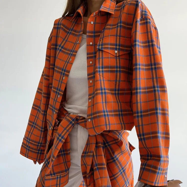 Oversized Plaid Shirt For Women Long Sleeve Button-Down Korean Style