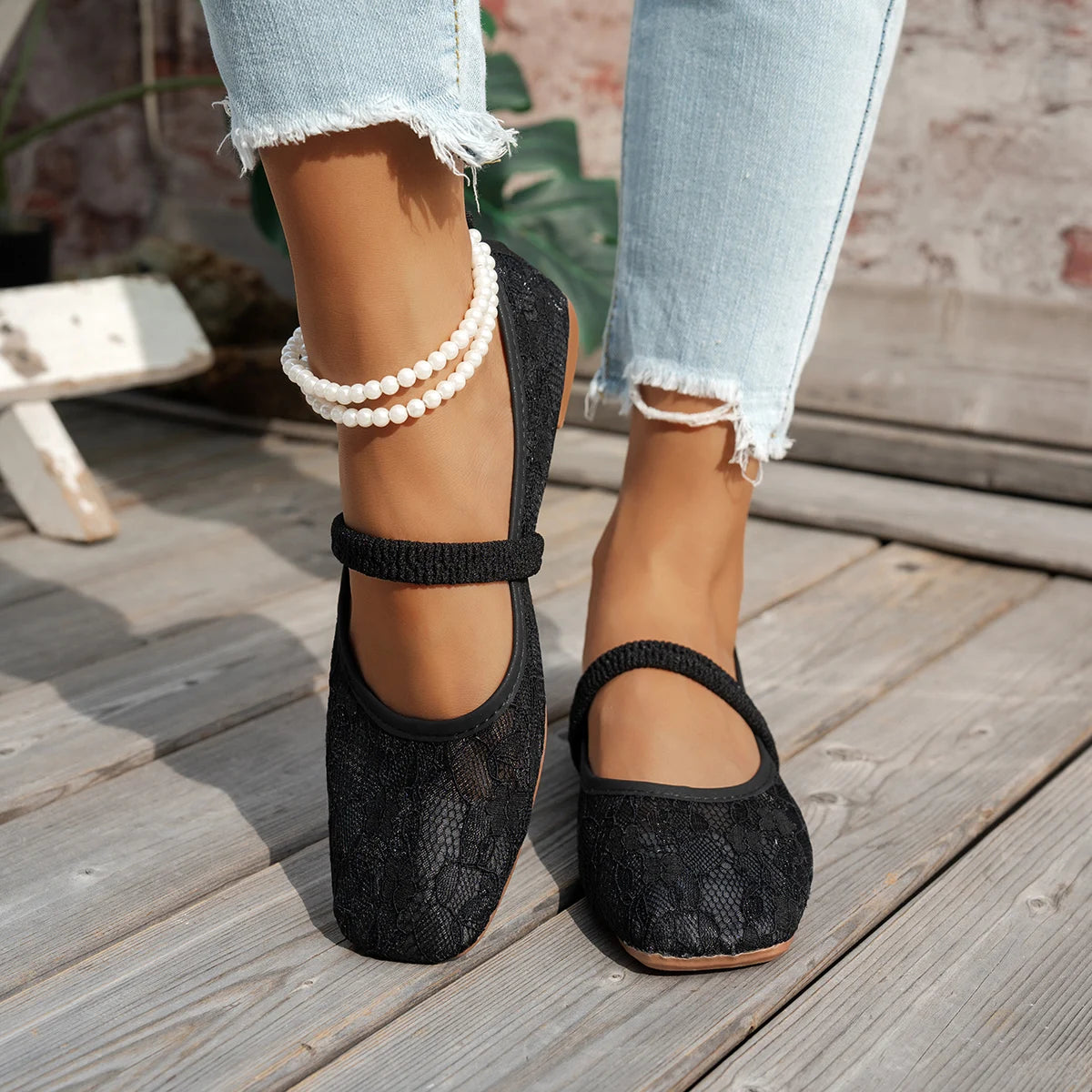 Ballet-style mesh flat shoes for women, French pastoral-style small square-toe single shoes, Mary Jane shoes