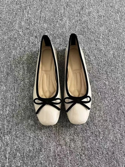 Bowknot Flat Shoes For Women, Square-Toe Ballet Flats, Slip-On