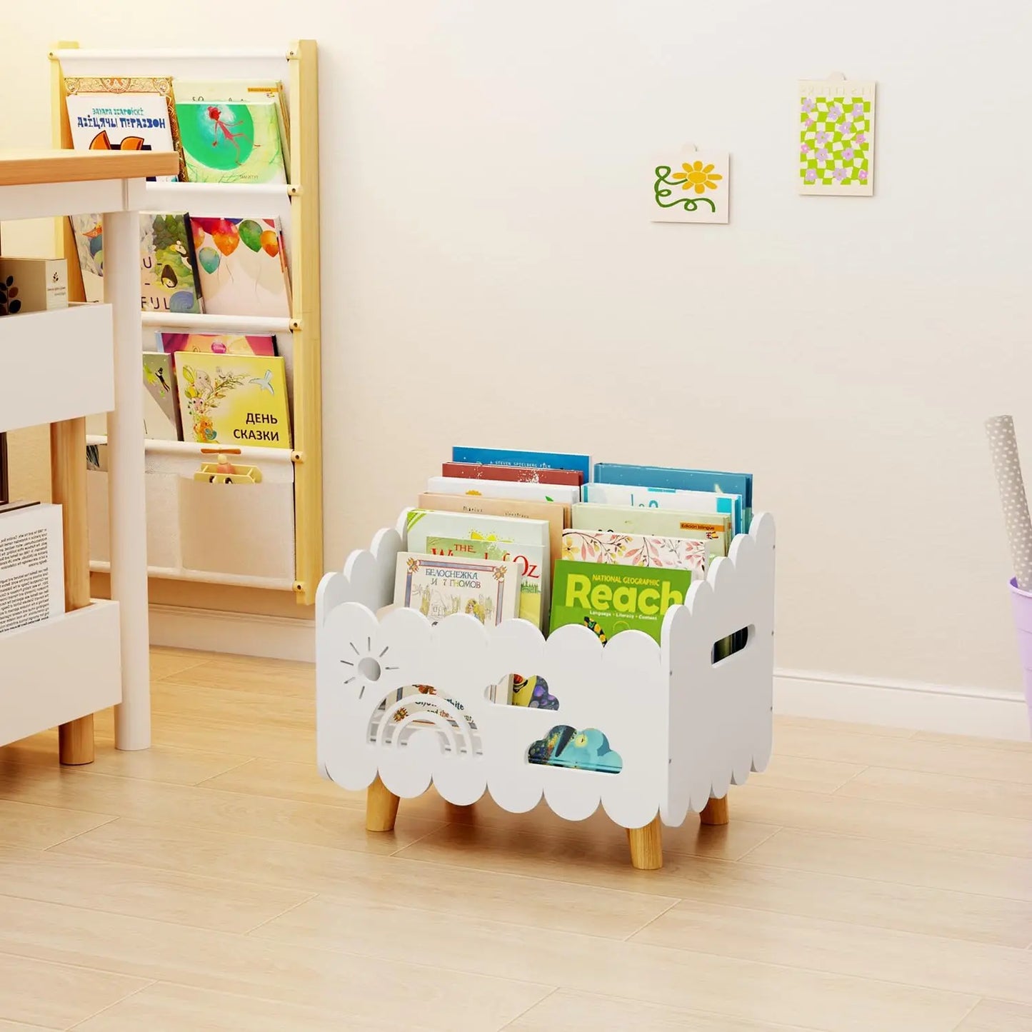 Kids Wooden Bookshelf with Adjustable Dividers, Montessori Style for Room & Classroom Storage