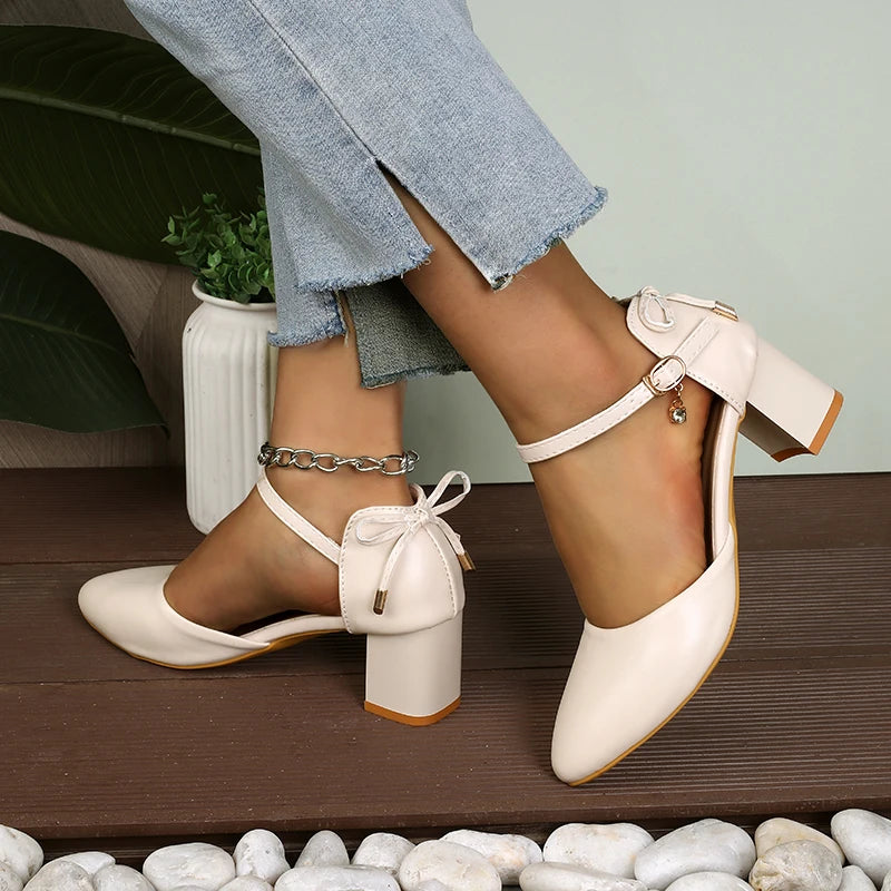 Thin Strap Pump With Bowknot Buckle, Pointed Toe, Square Heel