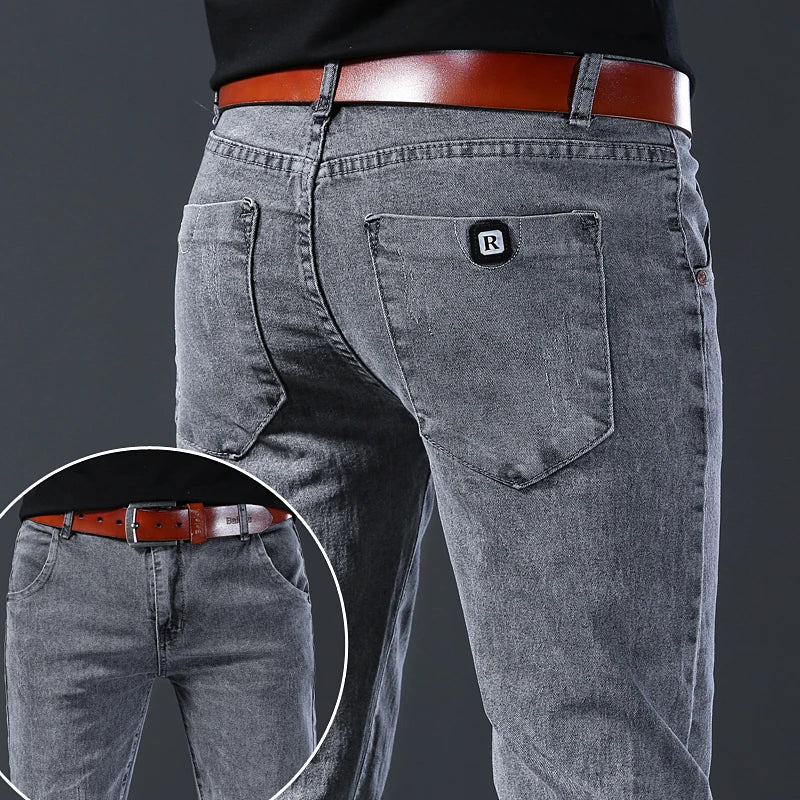 Men's Slim Fit Jeans Gray Elastic Mid-Waist Denim Straight Leg