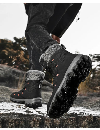 Men's Winter Snow Boots Leather Waterproof Mid-Calf Plush Lining Lace-Up