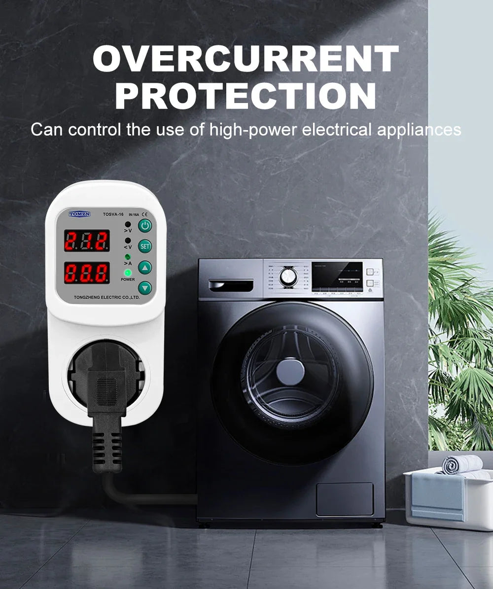 TOMZN Automatic Voltage Current Protector Socket AC110V 220V Adjustable 1-16A Power Surge Protector EU Plug Socket TOSVA-16