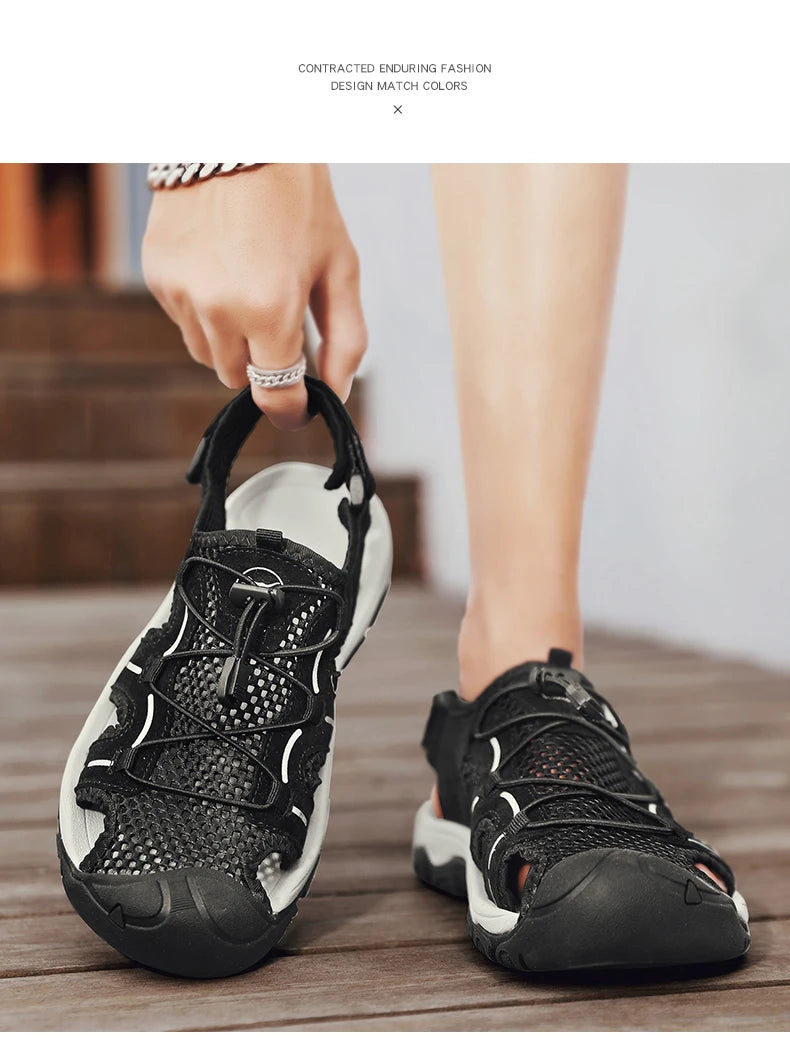 Genuine Leather Men's Sandals With Hook and Loop Closure