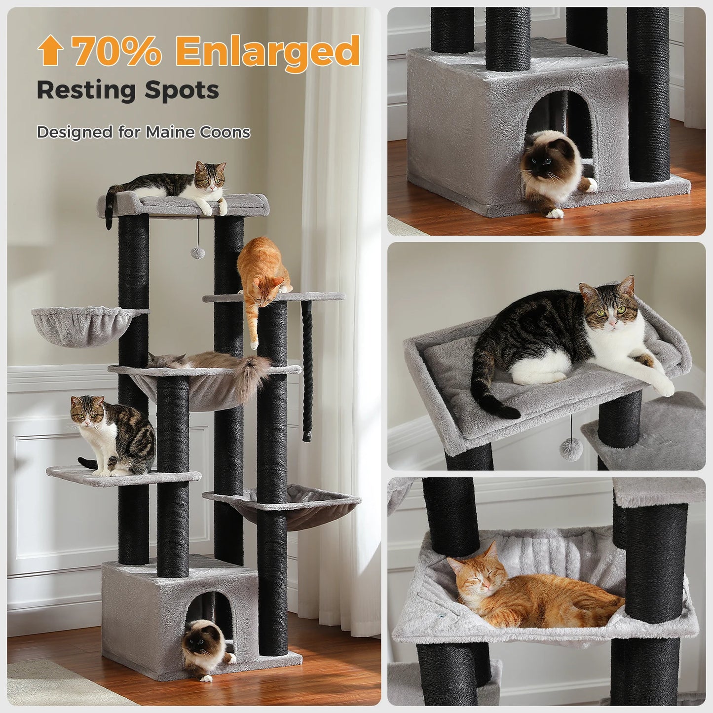 Multi-Level Cat Tree with Scratching Posts, Cozy Condo, Super Large Perch, Deep Hammocks, Tall Cat Tower for Indoor Adult Cats