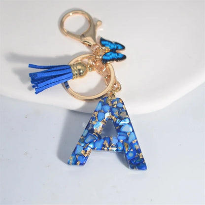 AZ Letter Keychain With Blue Stone And Butterfly Tassel Pendant