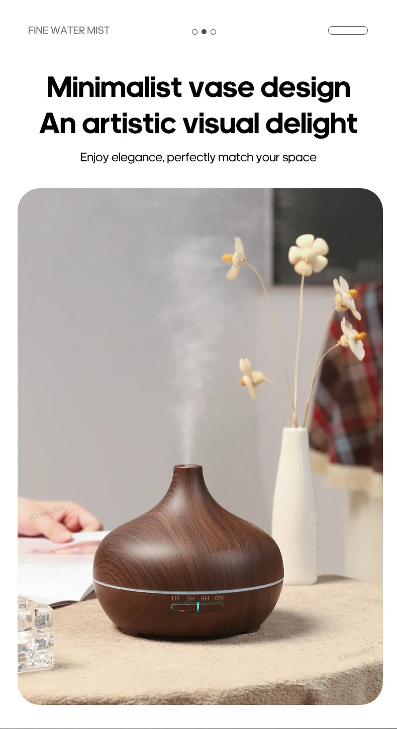 KINSCOTER Wood Grain Aromatherapy Diffuser 300ml Essential Aroma Oils Ultrasonic Air Humidifier 3 Timers USB Color Light