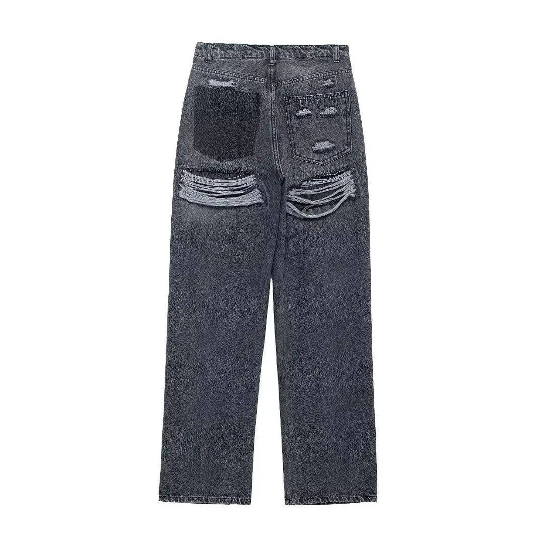 HH 2024 Women's Street Fashion Denim Blue Jeans Distressed Patchwork High Waist Zipper Fly Ripped Retro Long Pants