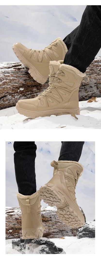 Men's Waterproof Leather Snow Boots Mid-Calf Lace-Up With Plush Lining