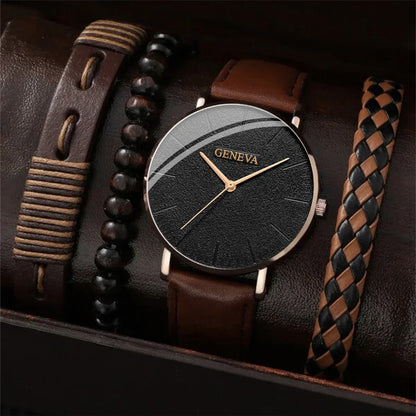 Men’s Stylish Leather Watch & Bracelet Set