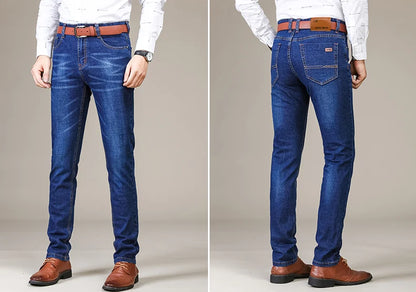 Men's Fitted Stretch Jeans Cotton Denim Straight Leg Business Casual