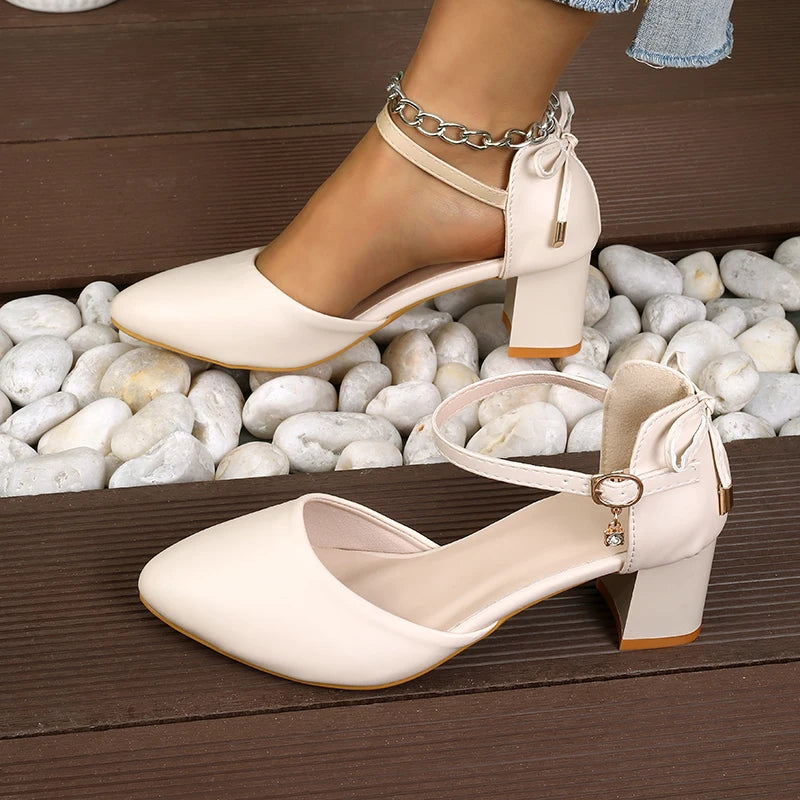 Thin Strap Pump With Bowknot Buckle, Pointed Toe, Square Heel