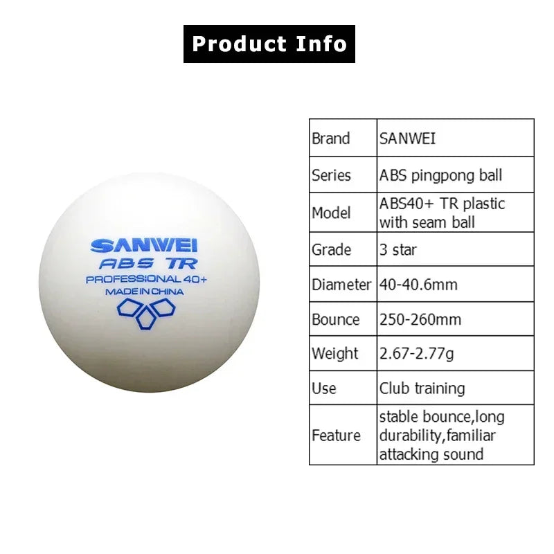 SANWEI 50/100pcs 3 Star TR Table Tennis Balls White ABS New Material with Seamed 40+ Professional Ping Pong Balls for Training