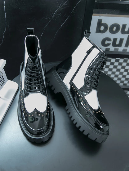 Men's Mid-Calf Leather Motorcycle Boots Pointed Toe Lace-Up