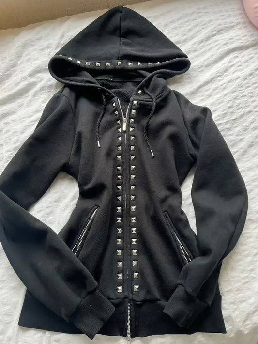 Y2K New Emo Fashion Rivet Zipper Hoodie Women Harajuku Black Oversized Hoodie Gothic Retro Classic Sweatshirt Autumn Clothing