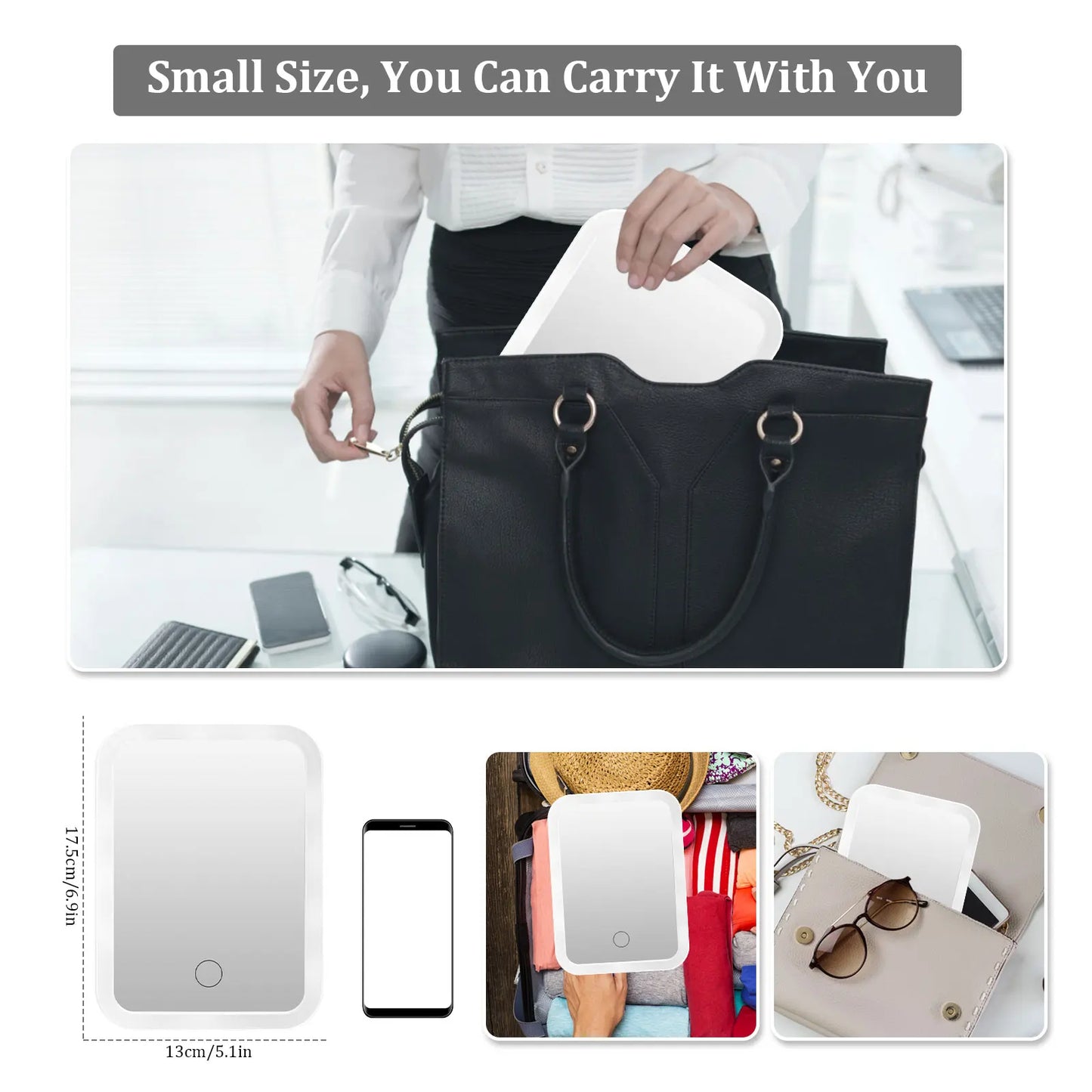 Portable LED Makeup Mirror With Touch Screen, 3 Light Modes, 17.5 x 13 cm Silver