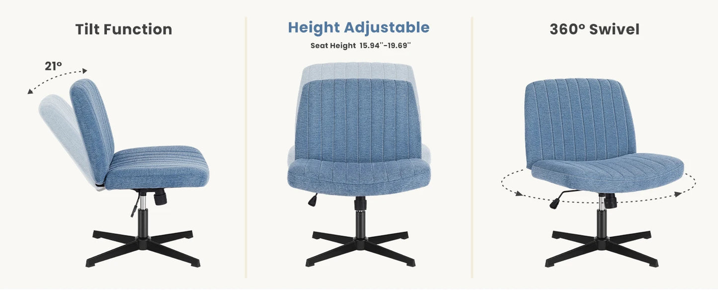 Criss Cross Legged Office Chair, Armless Wide Seat No Wheels, Modern Home Desk Height Adjustable Swivel