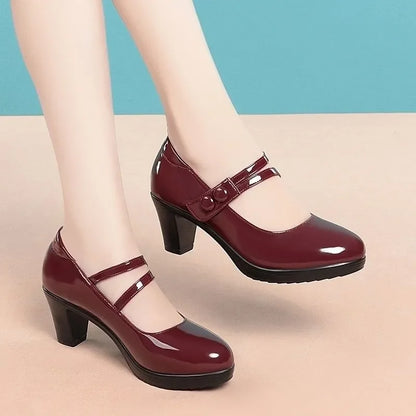 Red Round Toe Pumps, Women's High Heel Shoes, Buckle Strap, PVC Insole, 5-8 cm