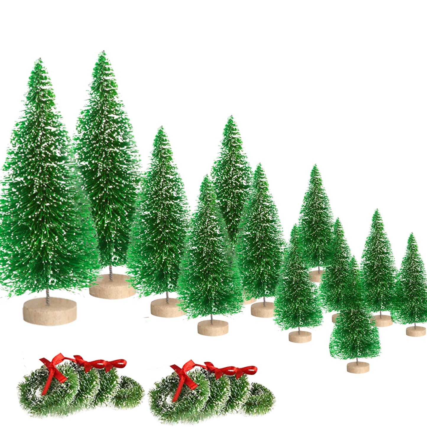 12 Mini Xmas Trees + 8 Small Wreaths – Frosted Bottle Brush Set