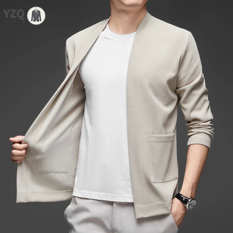 New Men's Business Casual Long Sleeved Solid Color Cloak Jacket Knitted Comfortable and Fashionable All Season Versatile Top