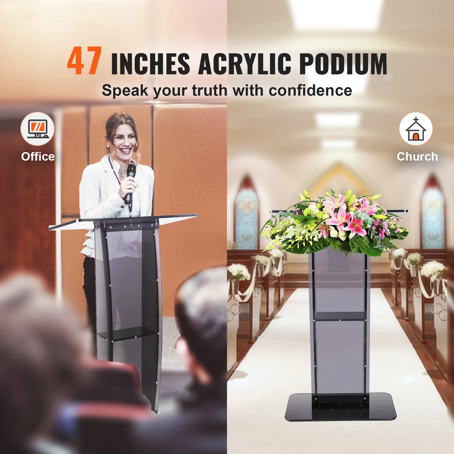 SucceBuy 47" Acrylic Podium Stand Floor-Standing Clear Pulpits Acrylic Desktop Lecterns W/ Storage Shelf  for Church Office