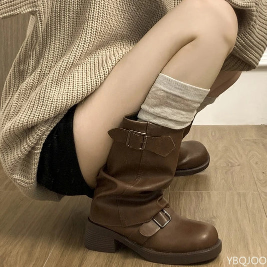 Autumn and Winter Fashion Retro Brown Western Cowboy Boots Women's Boots 2025 New Look Slim Thick and Stacked Short Boots
