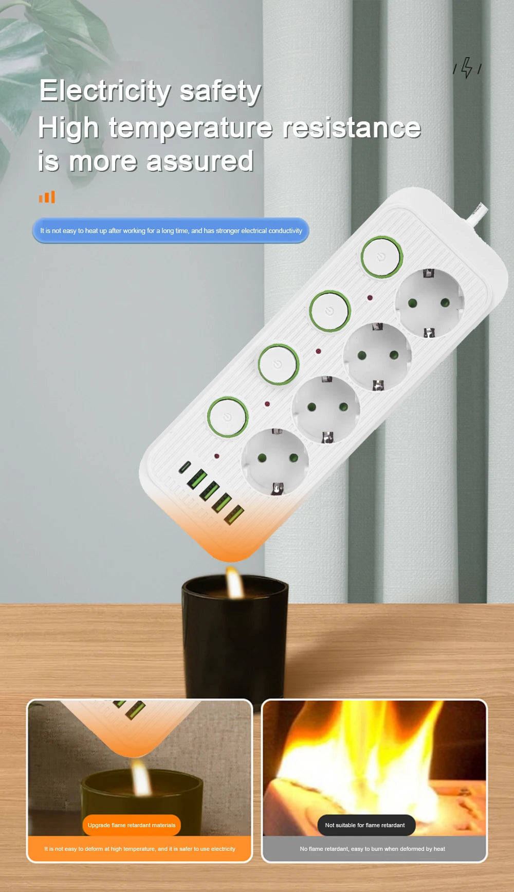 EU Plug Power Strip With USB Ports 2m Extension Cable Surge Protector