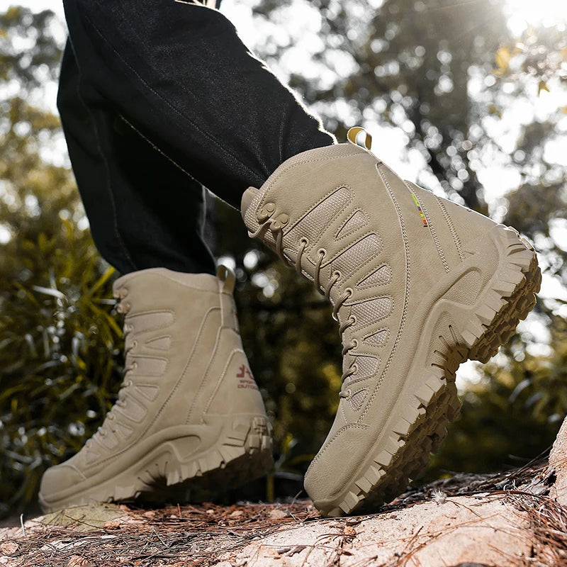 High-Top Leather Men's Boots Breathable Desert Combat Boots Outdoor Non-slip Hiking Boots Men Motorcycle Boots Work Ankle Boots