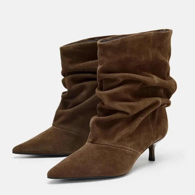 Suede Winter Women High Boots Pointed-Toe Pleated Short Boots Female Brown Retro Elegant Designer Ankle Boots Bottes Femmes