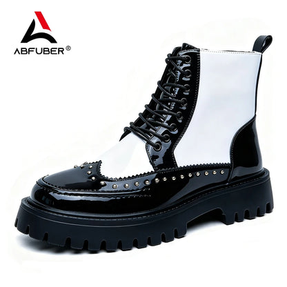 Men's Mid-Calf Leather Motorcycle Boots Pointed Toe Lace-Up