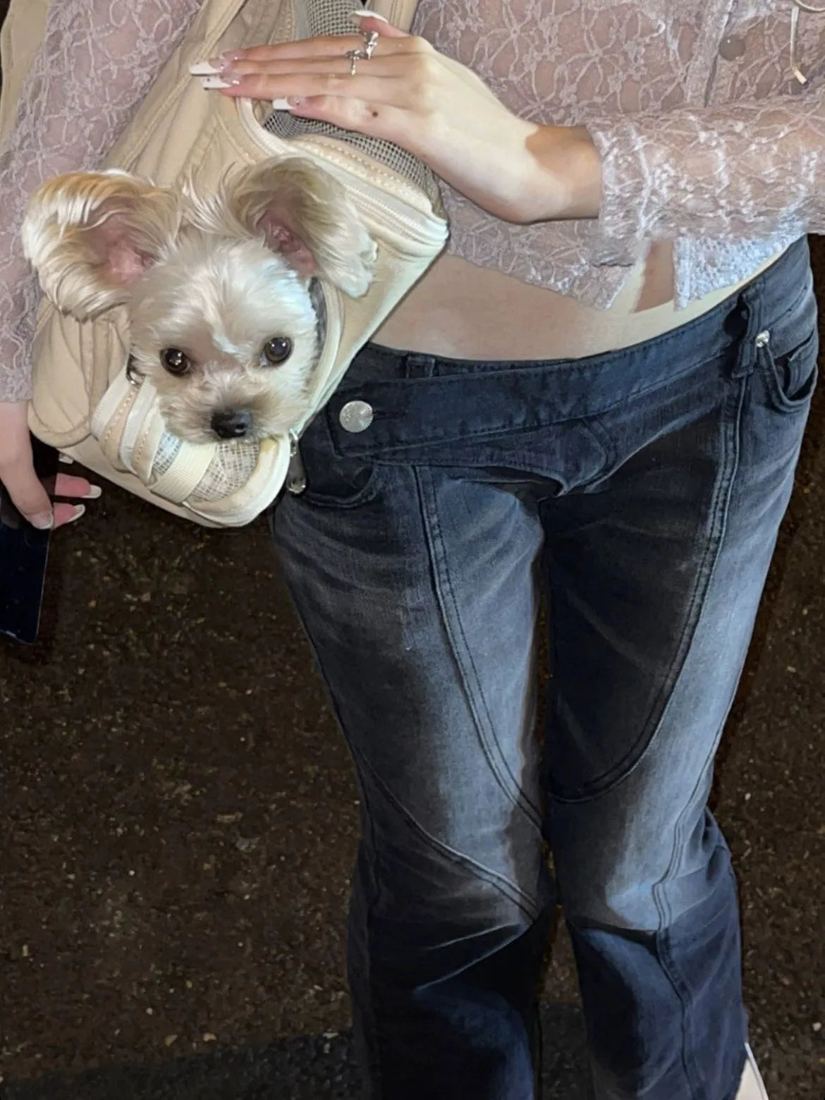 Karrram Vintage Distressed Low Waist Jeans Grunge Asymmetrical Waist Denim Pant Korean Fashion Black Flare Jeans Kpop Streetwear