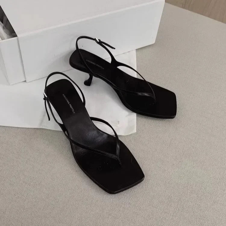 Retro Square Toe Clip Toe Sandals Kitten Heel Back Strap Brown Solid Concise French Style Sexy Fashion Women Shoes Summer Casual