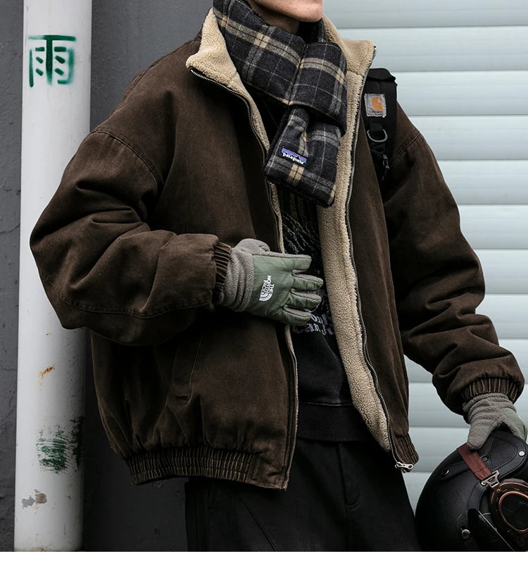 Japanese Vintage Polar Fleece Jacket Men Winter High Quality Thick Jacket Korean Streetwear Loose Couple Trendy Warm Coat Male