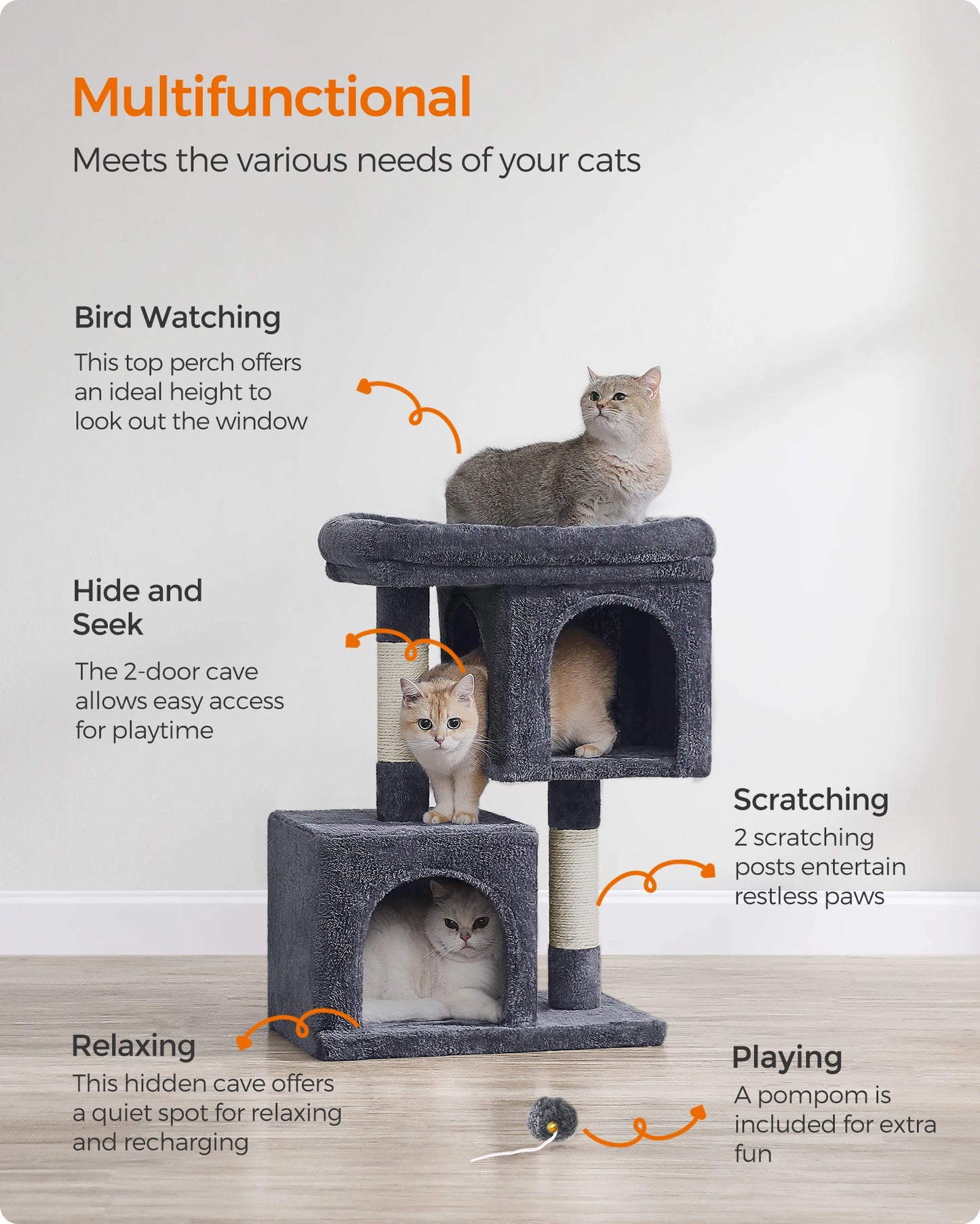 Feandrea Cat Tree, 29.1-Inch Cat Tower, M, Cat Condo for Medium Cats up to 11 lb, Large Cat Perch, 2 Cat Caves, Scratching Post