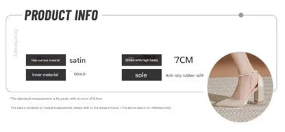 Pearl-Embellished Satin Heels, 5cm Chunky Low Heel, Adjustable Ankle Strap