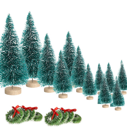 12 Mini Xmas Trees + 8 Small Wreaths – Frosted Bottle Brush Set