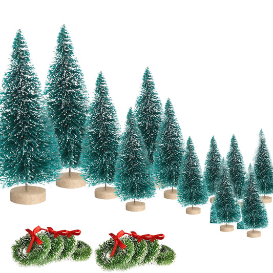 12 Mini Xmas Trees + 8 Small Wreaths – Frosted Bottle Brush Set