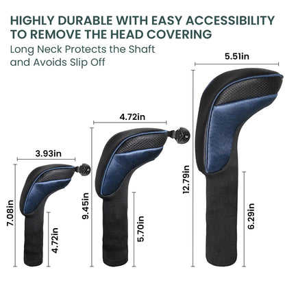 3-Pack Long Golf Club Head Covers For Woods Driver Fairway Hybrid